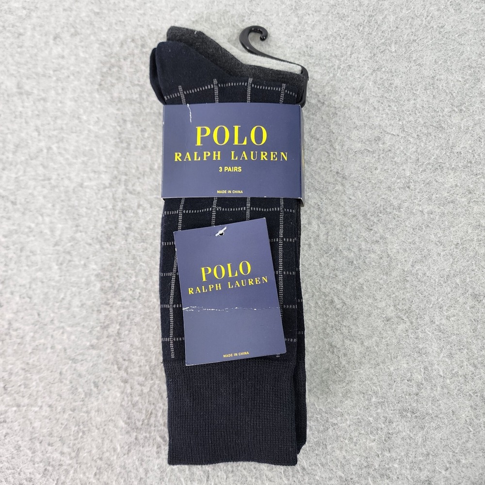 Polo Ralph Lauren Men Size 10-13 Logo Window Pane Solid Navy 3-Pairs Dress Socks